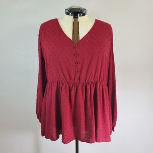 Bloomchic Blouse Women's 3X Burgundy Long Sleeve Button Detail Fabric Dots NWT